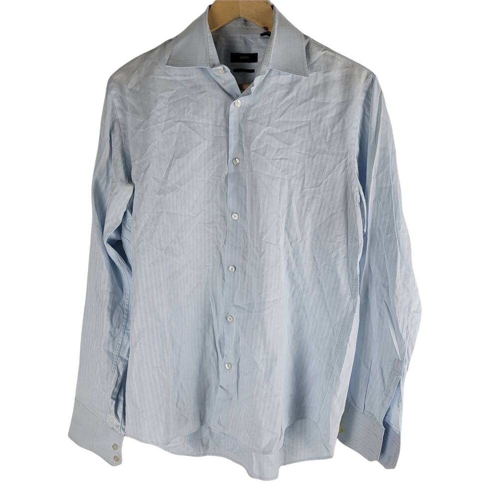 Hugo Boss Long Sleeve Button Up Dress Shirt Striped Blue Size 15.5